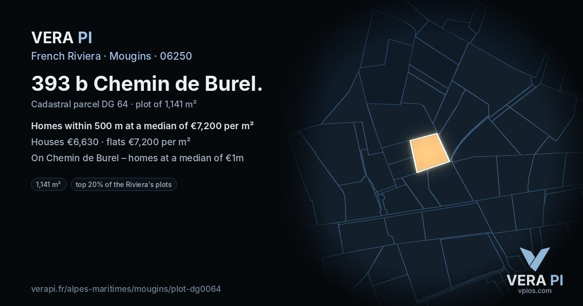 393 b Chemin de Burel, Mougins at night – the plot lit, the parcels around coloured by the prices near them
