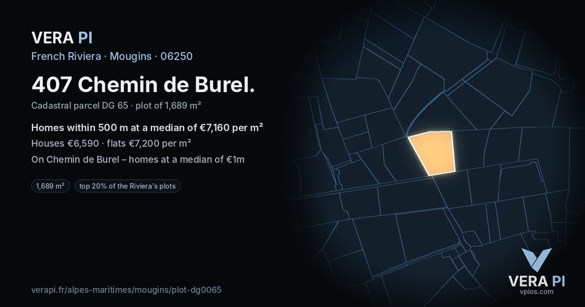 407 Chemin de Burel, Mougins at night – the plot lit, the parcels around coloured by the prices near them