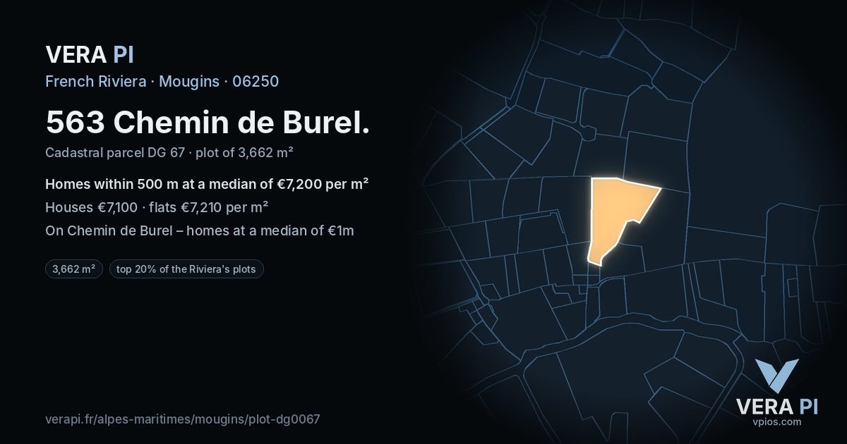 563 Chemin de Burel, Mougins at night – the plot lit, the parcels around coloured by the prices near them