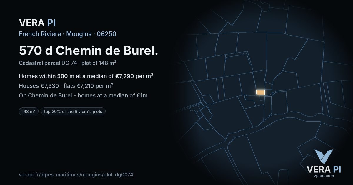 570 d Chemin de Burel, Mougins at night – the plot lit, the parcels around coloured by the prices near them