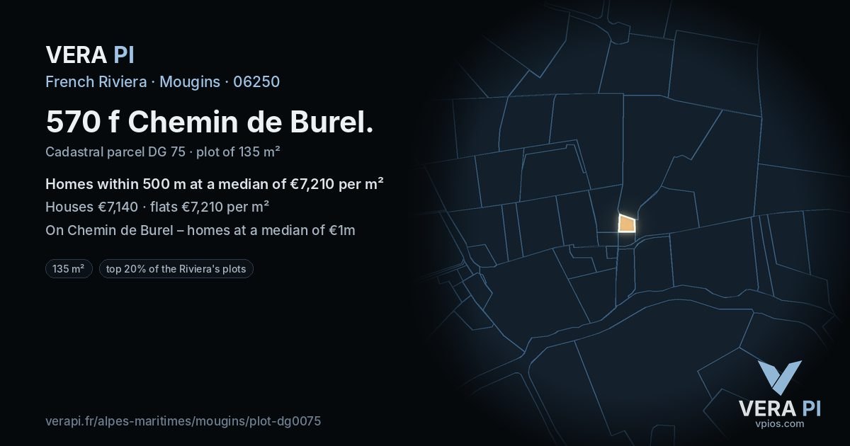 570 f Chemin de Burel, Mougins at night – the plot lit, the parcels around coloured by the prices near them