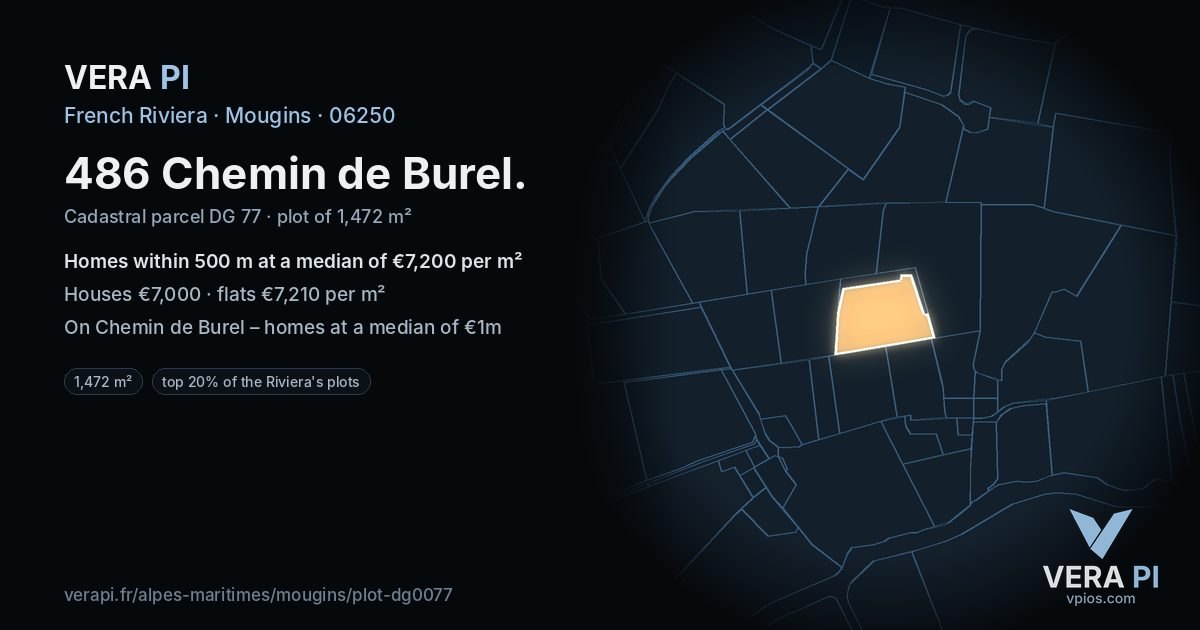 486 Chemin de Burel, Mougins at night – the plot lit, the parcels around coloured by the prices near them