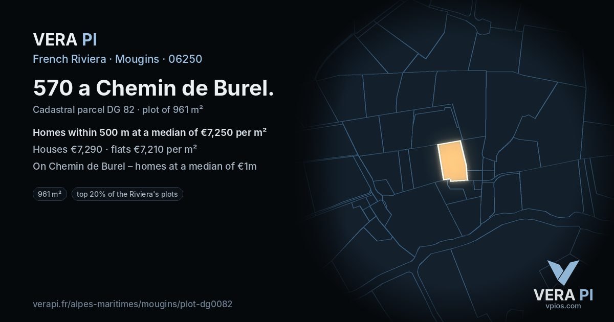 570 a Chemin de Burel, Mougins at night – the plot lit, the parcels around coloured by the prices near them