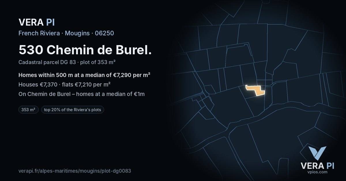 530 Chemin de Burel, Mougins at night – the plot lit, the parcels around coloured by the prices near them