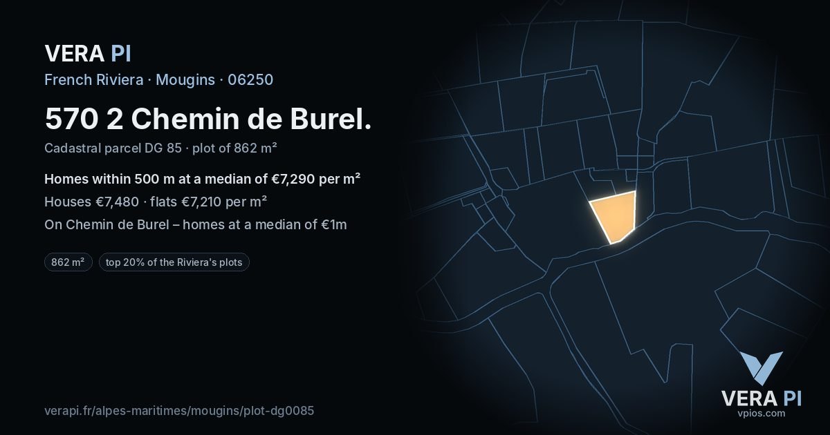 570 2 Chemin de Burel, Mougins at night – the plot lit, the parcels around coloured by the prices near them