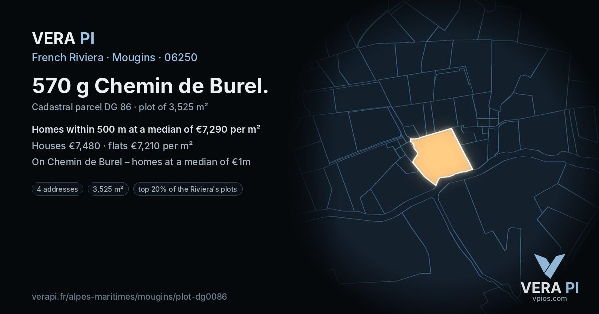 570 g Chemin de Burel, Mougins at night – the plot lit, the parcels around coloured by the prices near them