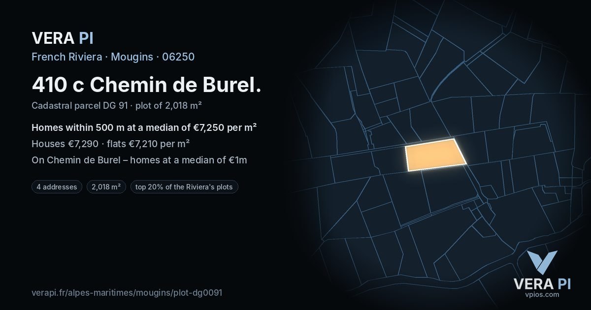 410 c Chemin de Burel, Mougins at night – the plot lit, the parcels around coloured by the prices near them