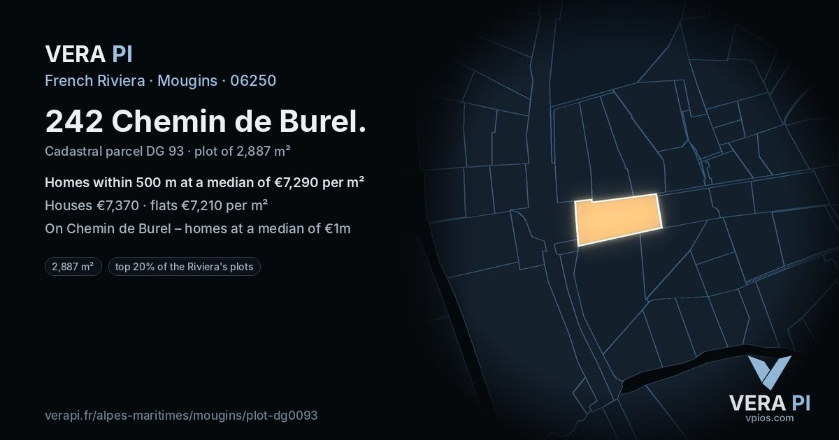 242 Chemin de Burel, Mougins at night – the plot lit, the parcels around coloured by the prices near them