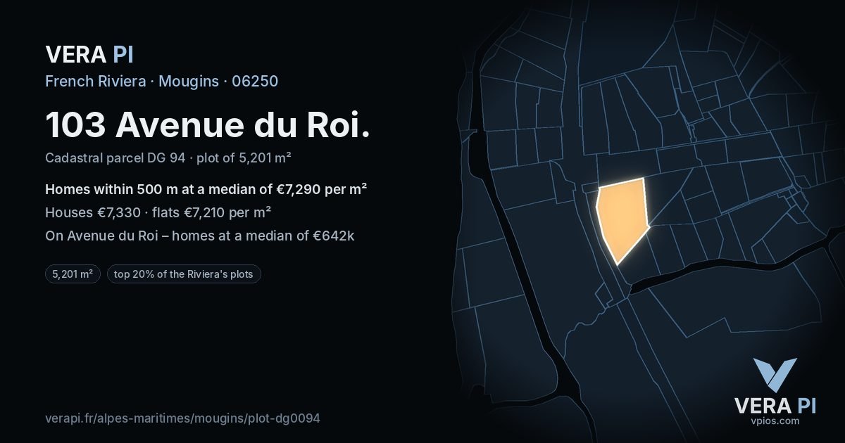 103 Avenue du Roi, Mougins at night – the plot lit, the parcels around coloured by the prices near them