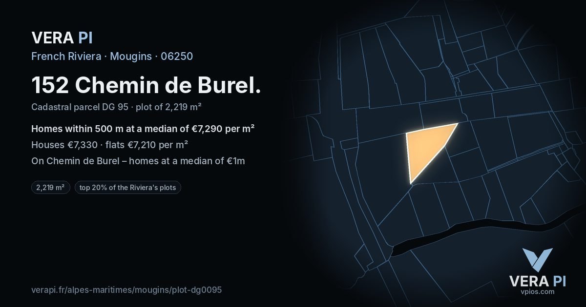152 Chemin de Burel, Mougins at night – the plot lit, the parcels around coloured by the prices near them