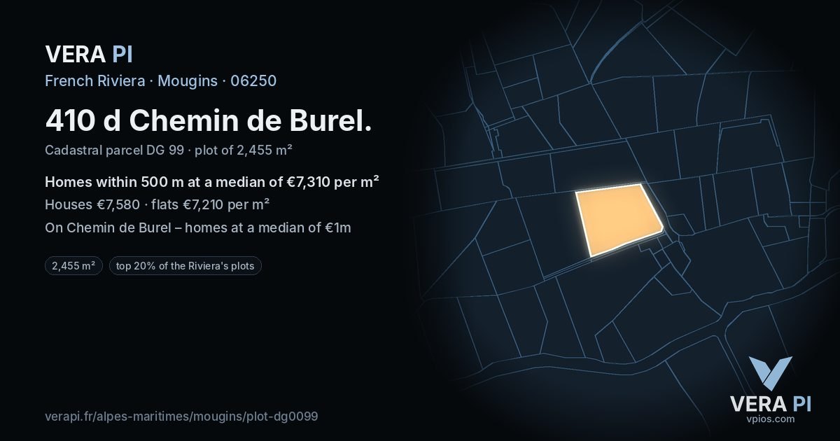 410 d Chemin de Burel, Mougins at night – the plot lit, the parcels around coloured by the prices near them