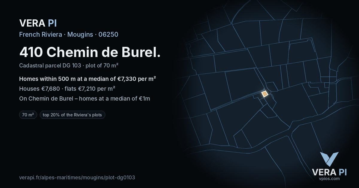 410 Chemin de Burel, Mougins at night – the plot lit, the parcels around coloured by the prices near them