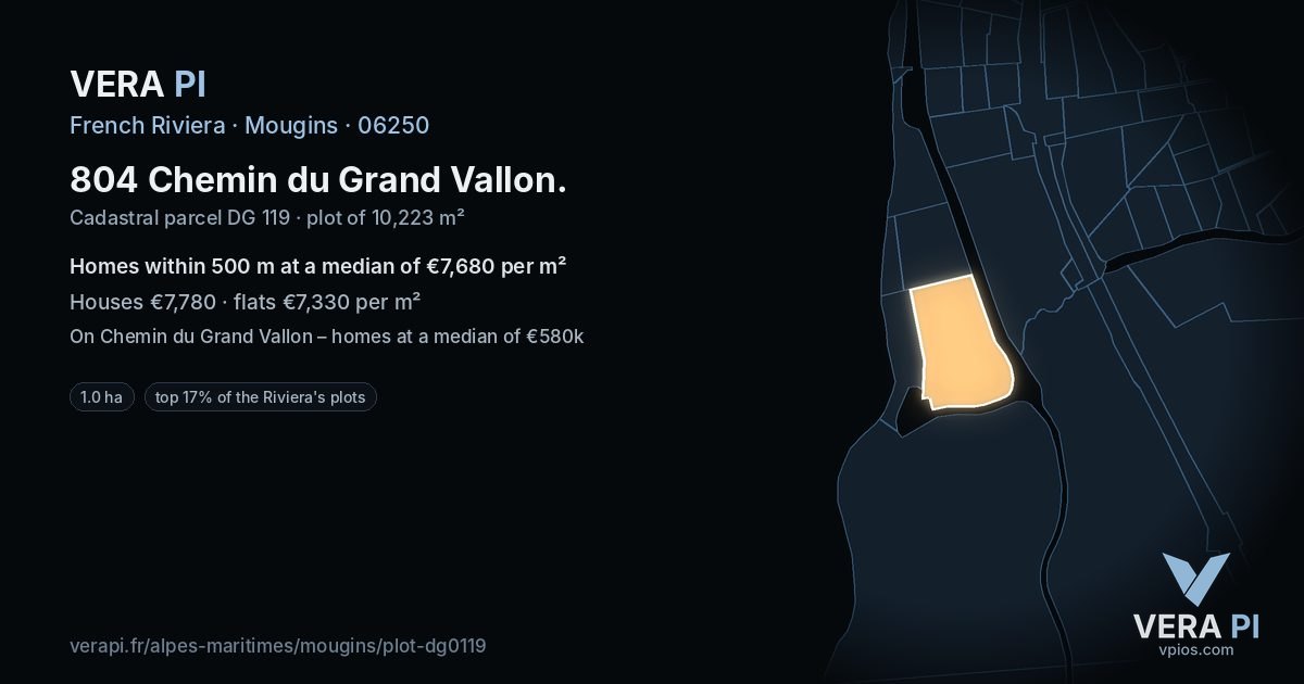 804 Chemin du Grand Vallon, Mougins at night – the plot lit, the parcels around coloured by the prices near them