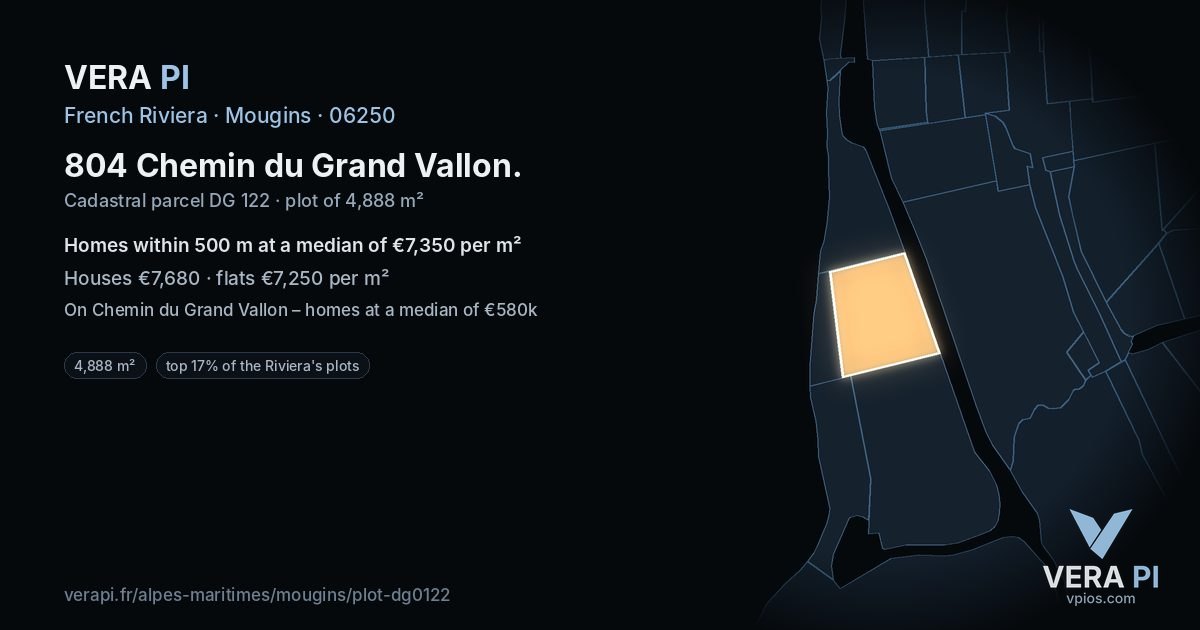 804 Chemin du Grand Vallon, Mougins at night – the plot lit, the parcels around coloured by the prices near them