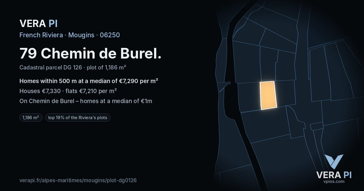79 Chemin de Burel, Mougins at night – the plot lit, the parcels around coloured by the prices near them