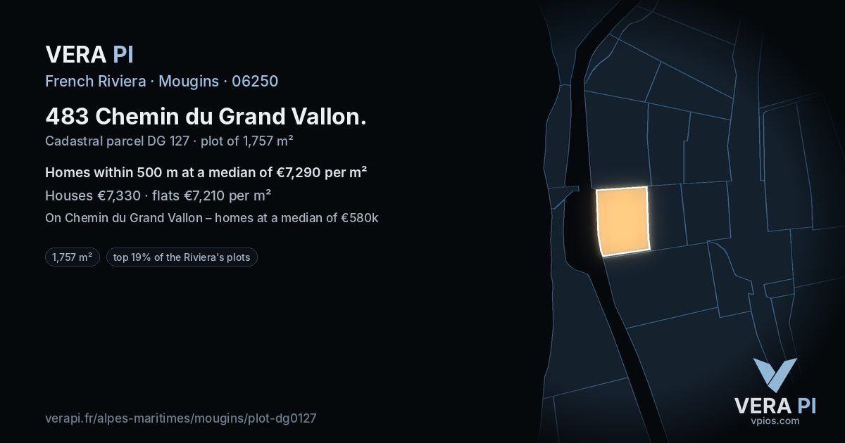 483 Chemin du Grand Vallon, Mougins at night – the plot lit, the parcels around coloured by the prices near them