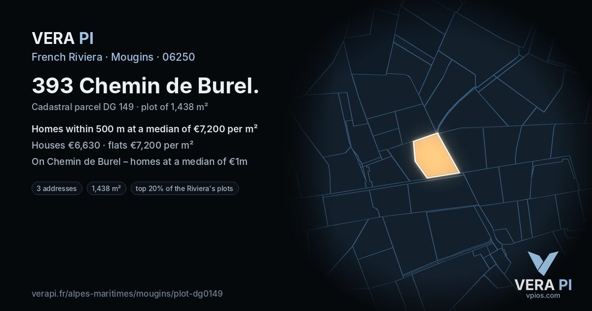 393 Chemin de Burel, Mougins at night – the plot lit, the parcels around coloured by the prices near them