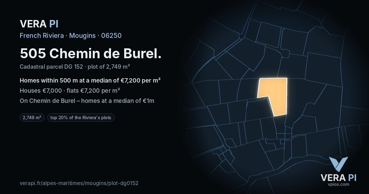 505 Chemin de Burel, Mougins at night – the plot lit, the parcels around coloured by the prices near them