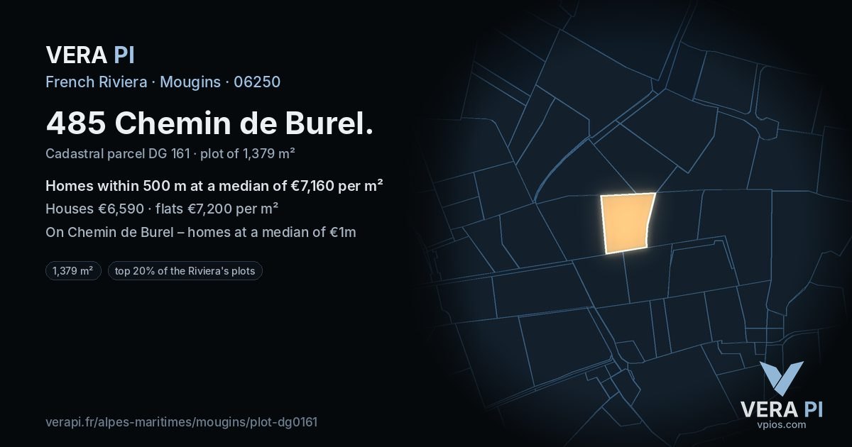 485 Chemin de Burel, Mougins at night – the plot lit, the parcels around coloured by the prices near them
