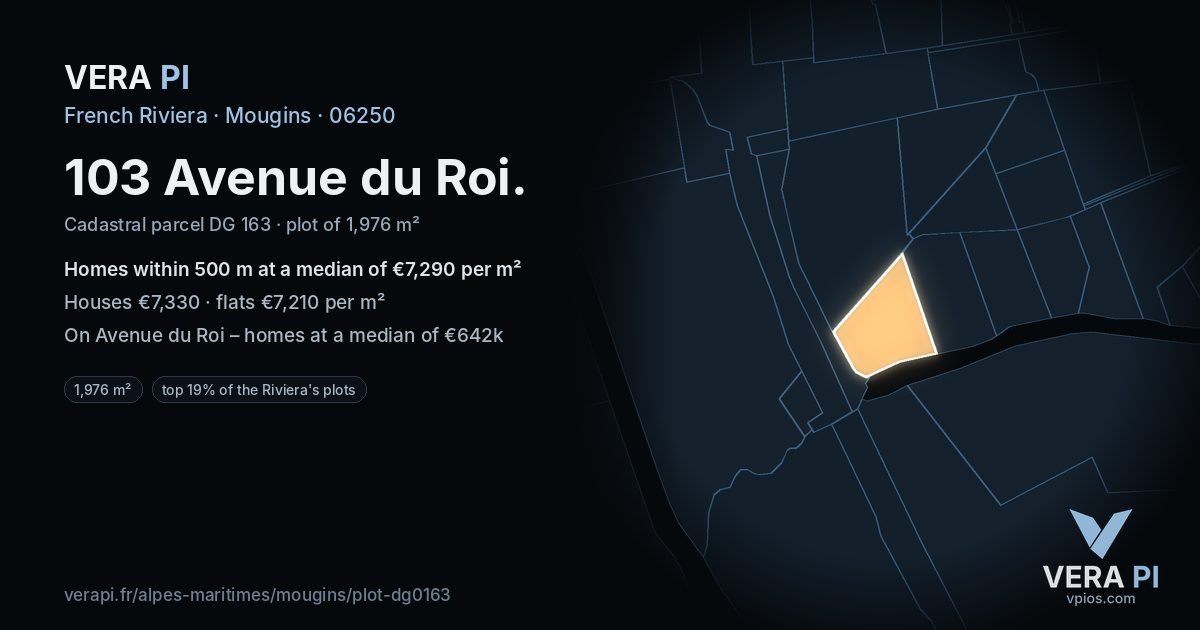 103 Avenue du Roi, Mougins at night – the plot lit, the parcels around coloured by the prices near them
