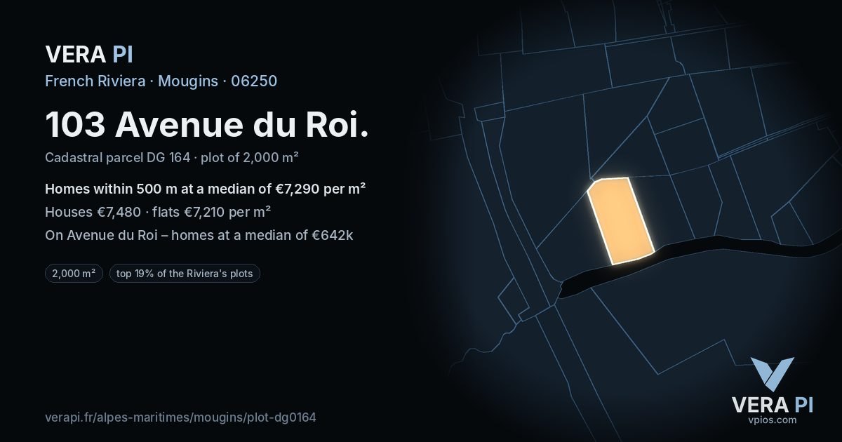 103 Avenue du Roi, Mougins at night – the plot lit, the parcels around coloured by the prices near them