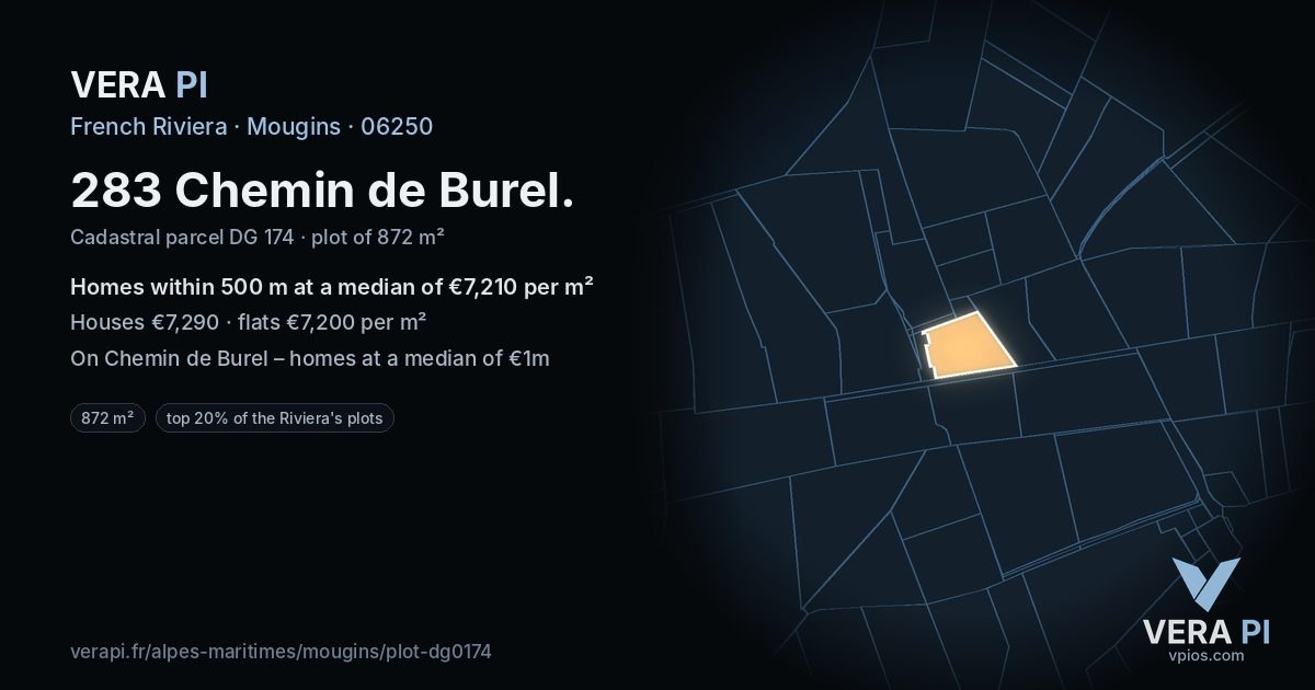 283 Chemin de Burel, Mougins at night – the plot lit, the parcels around coloured by the prices near them