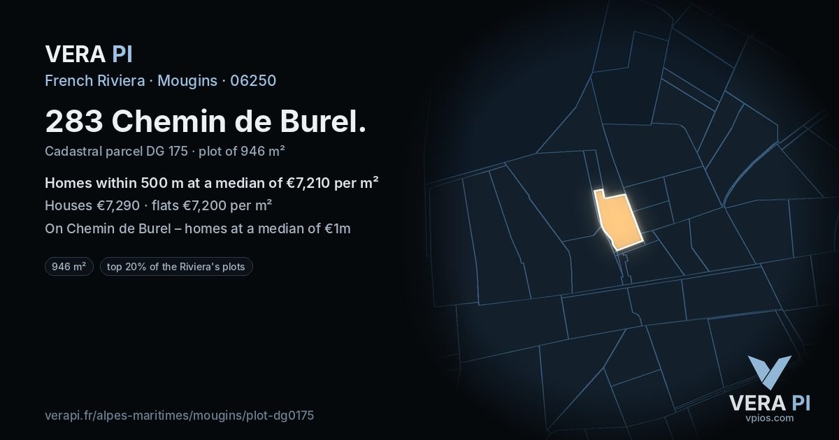 283 Chemin de Burel, Mougins at night – the plot lit, the parcels around coloured by the prices near them