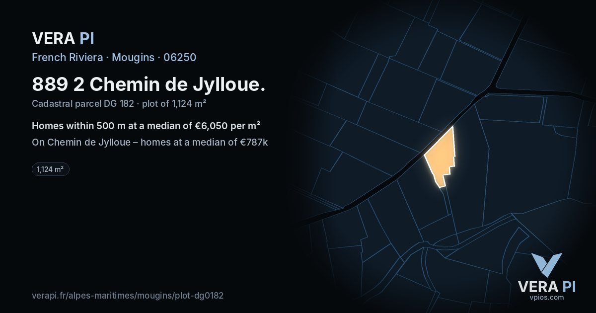 889 2 Chemin de Jylloue, Mougins at night – the plot lit, the parcels around coloured by the prices near them