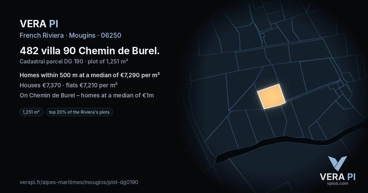 482 villa 90 Chemin de Burel, Mougins at night – the plot lit, the parcels around coloured by the prices near them