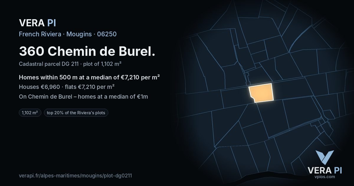 360 Chemin de Burel, Mougins at night – the plot lit, the parcels around coloured by the prices near them