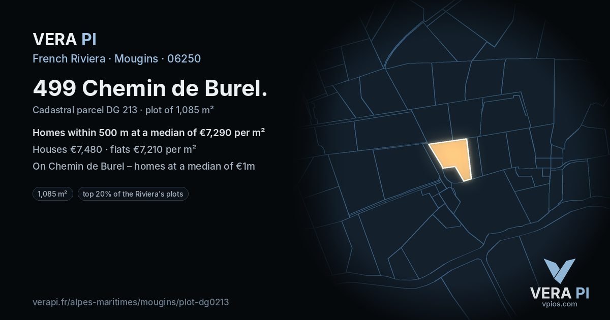 499 Chemin de Burel, Mougins at night – the plot lit, the parcels around coloured by the prices near them
