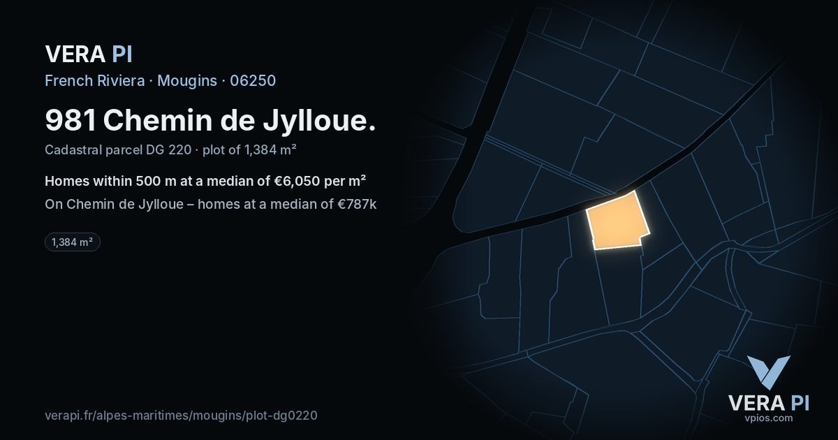 981 Chemin de Jylloue, Mougins at night – the plot lit, the parcels around coloured by the prices near them