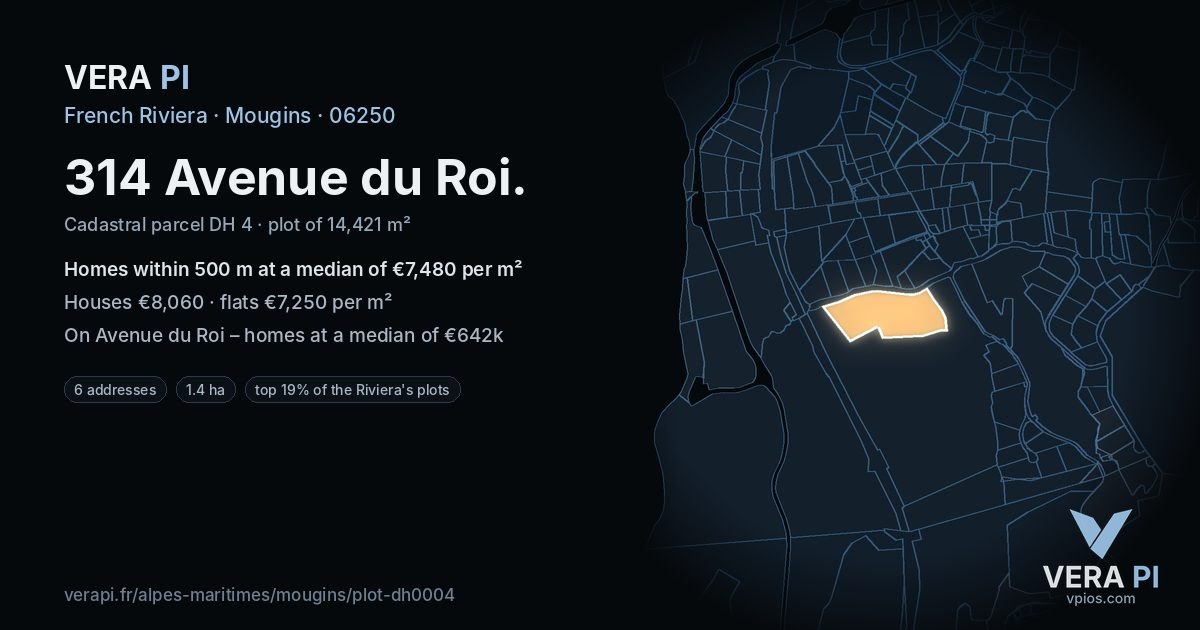 314 Avenue du Roi, Mougins at night – the plot lit, the parcels around coloured by the prices near them