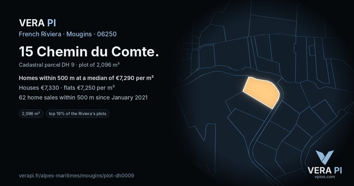 15 Chemin du Comte, Mougins at night – the plot lit, the parcels around coloured by the prices near them