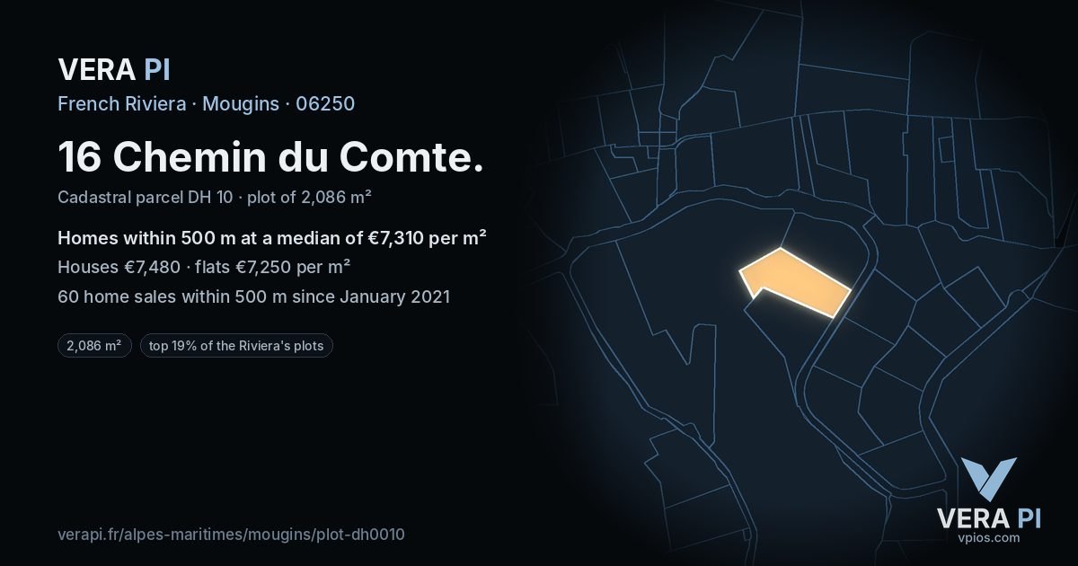 16 Chemin du Comte, Mougins at night – the plot lit, the parcels around coloured by the prices near them
