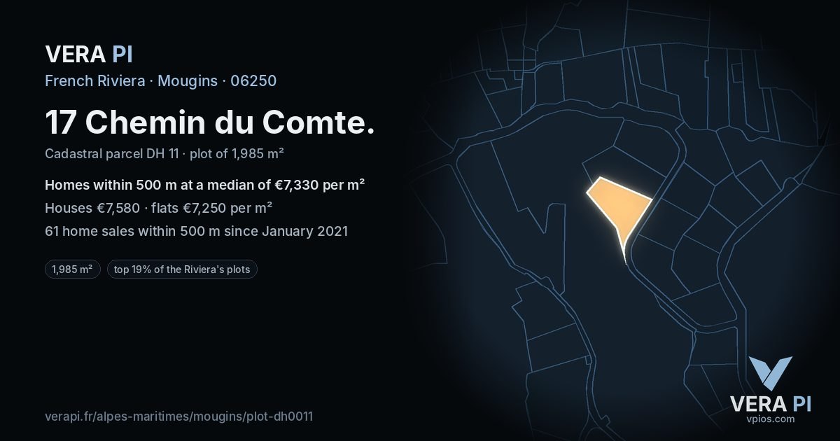 17 Chemin du Comte, Mougins at night – the plot lit, the parcels around coloured by the prices near them