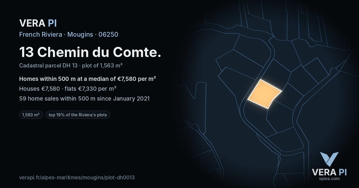 13 Chemin du Comte, Mougins at night – the plot lit, the parcels around coloured by the prices near them