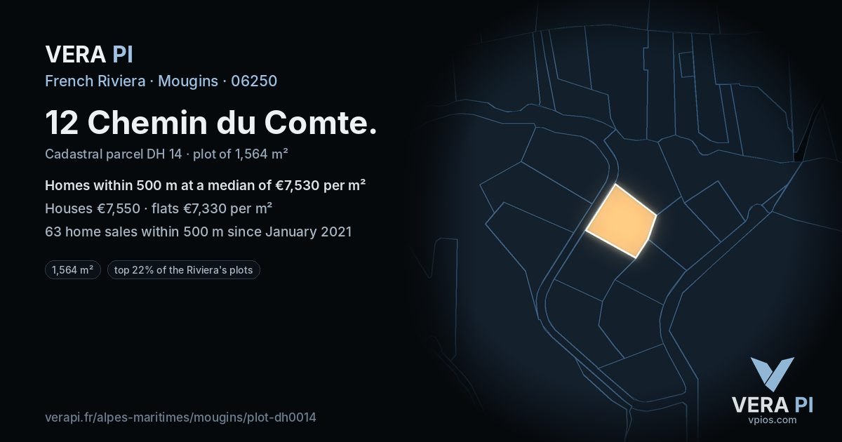 12 Chemin du Comte, Mougins at night – the plot lit, the parcels around coloured by the prices near them