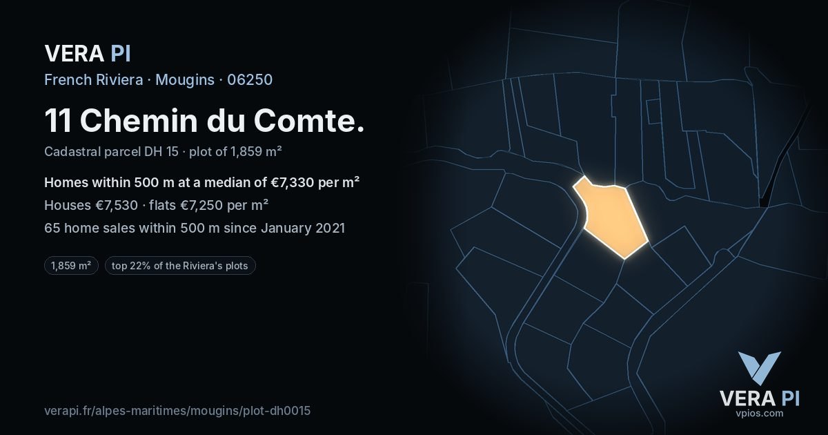 11 Chemin du Comte, Mougins at night – the plot lit, the parcels around coloured by the prices near them