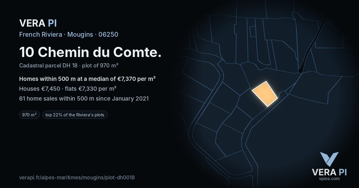 10 Chemin du Comte, Mougins at night – the plot lit, the parcels around coloured by the prices near them