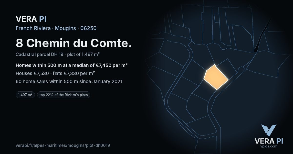 8 Chemin du Comte, Mougins at night – the plot lit, the parcels around coloured by the prices near them
