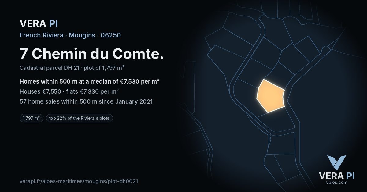 7 Chemin du Comte, Mougins at night – the plot lit, the parcels around coloured by the prices near them
