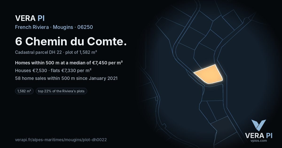 6 Chemin du Comte, Mougins at night – the plot lit, the parcels around coloured by the prices near them