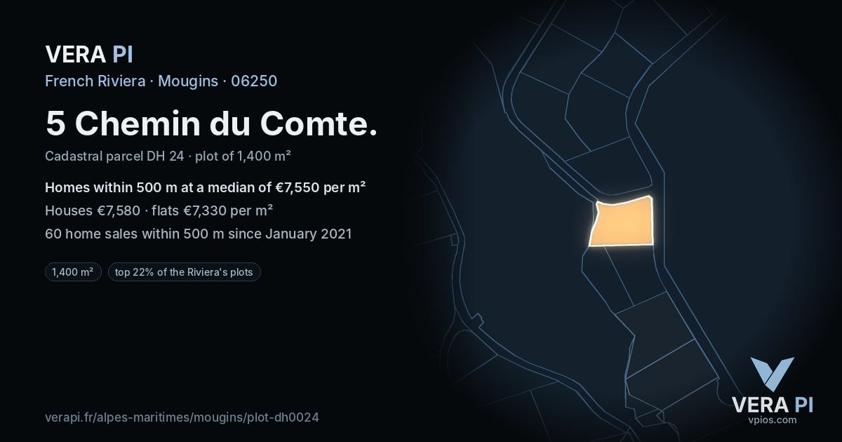 5 Chemin du Comte, Mougins at night – the plot lit, the parcels around coloured by the prices near them