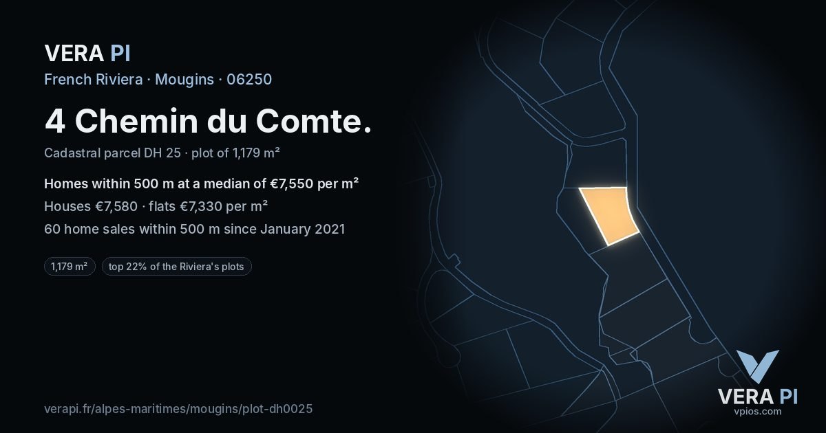 4 Chemin du Comte, Mougins at night – the plot lit, the parcels around coloured by the prices near them
