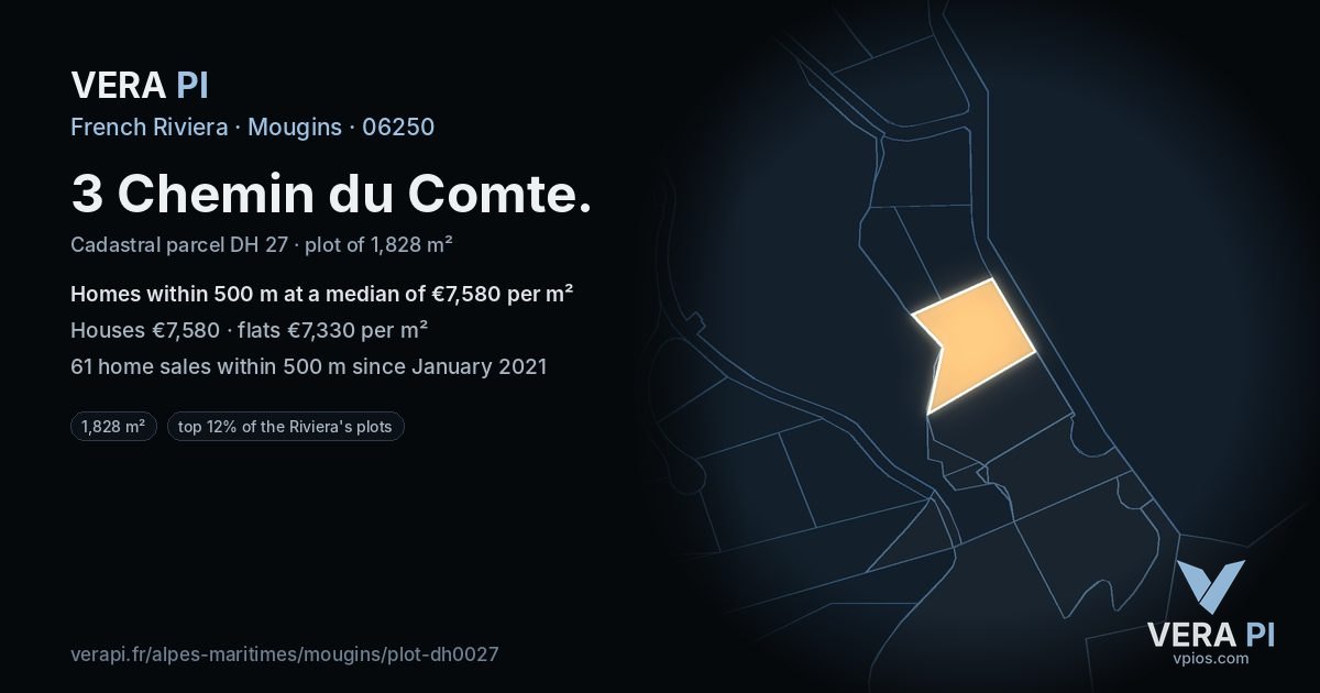 3 Chemin du Comte, Mougins at night – the plot lit, the parcels around coloured by the prices near them