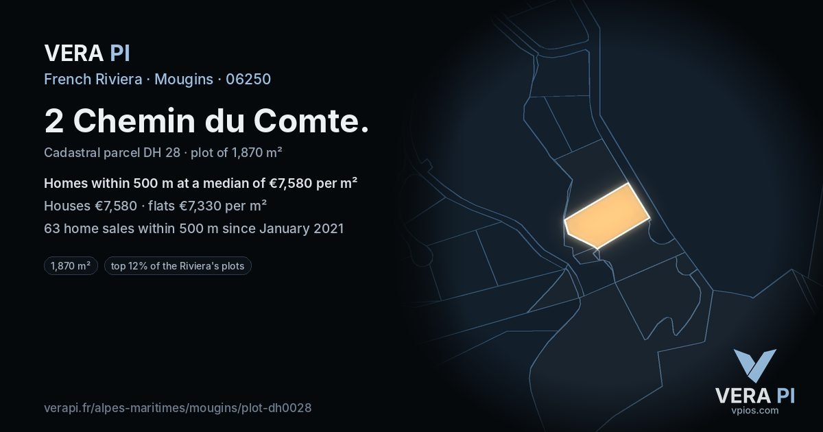 2 Chemin du Comte, Mougins at night – the plot lit, the parcels around coloured by the prices near them