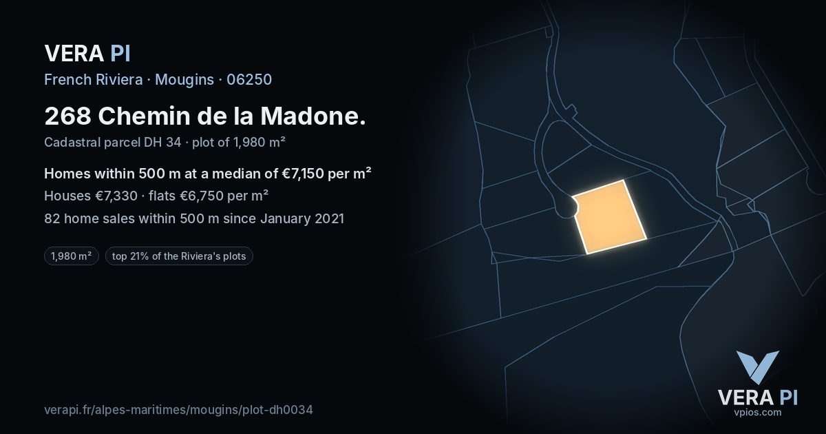 268 Chemin de la Madone, Mougins at night – the plot lit, the parcels around coloured by the prices near them