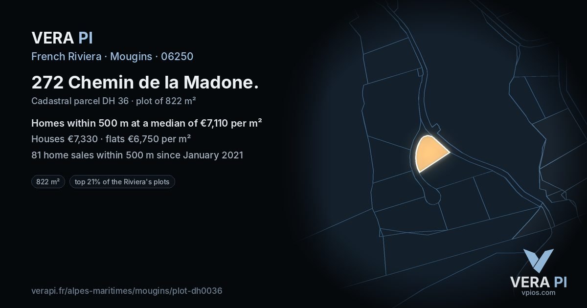 272 Chemin de la Madone, Mougins at night – the plot lit, the parcels around coloured by the prices near them