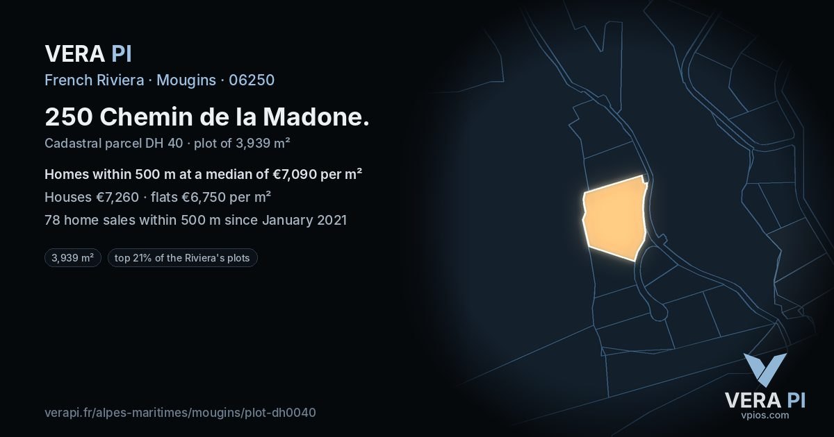 250 Chemin de la Madone, Mougins at night – the plot lit, the parcels around coloured by the prices near them